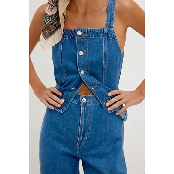 NEW Free People We The Free Hazel Denim Jumpsuit Size Small Vacation Mode Blue - Picture 4 of 10